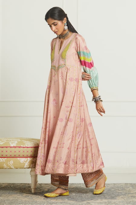 Rajiramniq Pink Silk, Organza, Modal Satin Round Printed Anarkali Set 