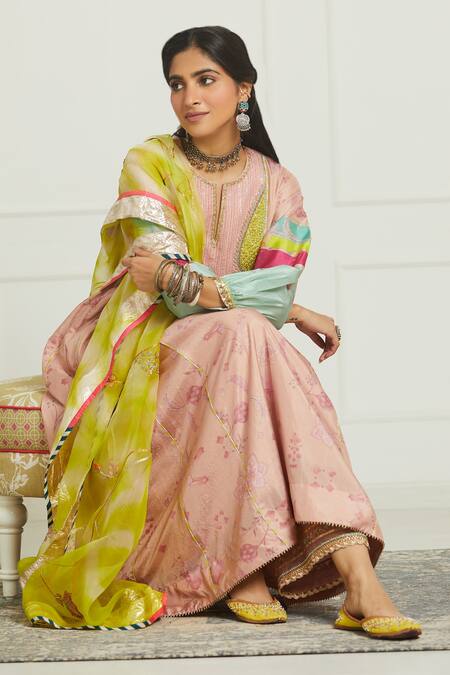 Rajiramniq Pink Silk, Organza, Modal Satin Round Printed Anarkali Set Online at Aza Fashions Rajiramniq_Pink Silk, Organza, Modal Satin Round Printed Anarkali Set _Online_at_Aza_Fashions