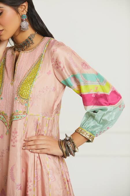 Shop Rajiramniq Pink Silk, Organza, Modal Satin Round Printed Anarkali Set Online at Aza Fashions Shop_Rajiramniq_Pink Silk, Organza, Modal Satin Round Printed Anarkali Set _Online_at_Aza_Fashions
