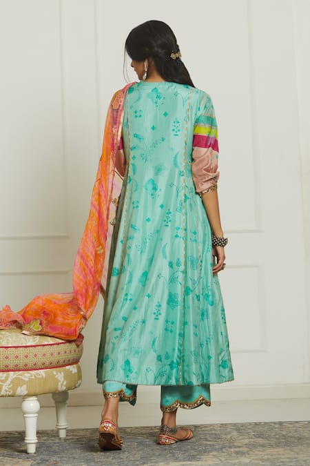 Shop Rajiramniq Green Silk, Organza, Modal Satin Round Printed Anarkali Set at Aza Fashions Shop_Rajiramniq_Green Silk, Organza, Modal Satin Round Printed Anarkali Set _at_Aza_Fashions