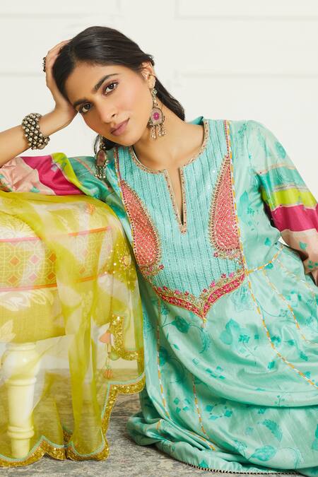 Shop Rajiramniq Green Silk, Organza, Modal Satin Round Printed Anarkali Set Online at Aza Fashions Shop_Rajiramniq_Green Silk, Organza, Modal Satin Round Printed Anarkali Set _Online_at_Aza_Fashions