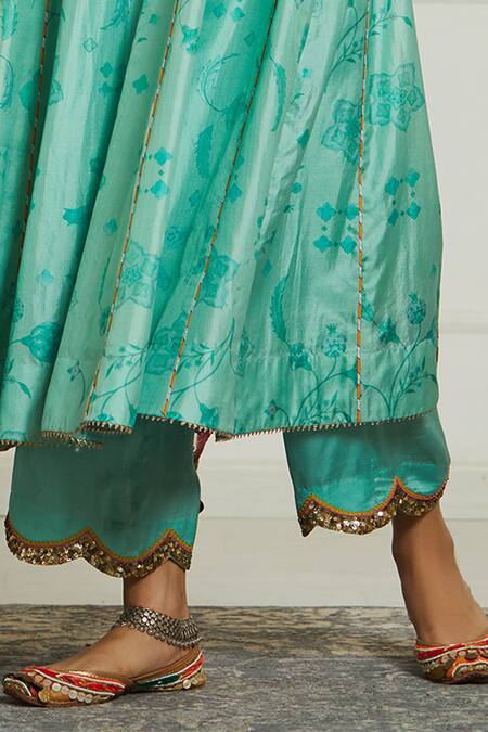 Rajiramniq Green Silk, Organza, Modal Satin Round Printed Anarkali Set at Aza Fashions Rajiramniq_Green Silk, Organza, Modal Satin Round Printed Anarkali Set _at_Aza_Fashions