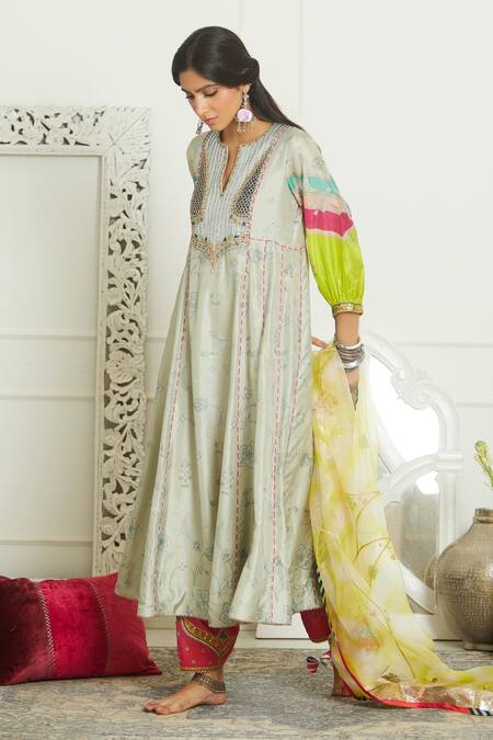 Rajiramniq Grey Silk, Organza Round Printed Anarkali Set Online at Aza Fashions Rajiramniq_Grey Silk, Organza Round Printed Anarkali Set _Online_at_Aza_Fashions