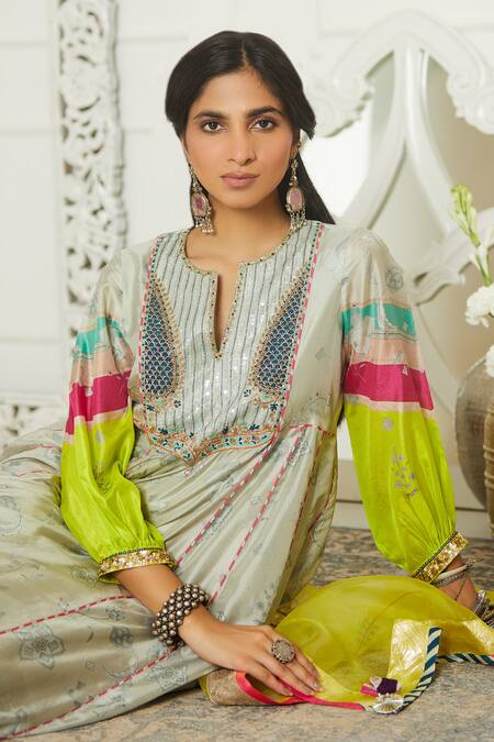 Buy Rajiramniq Grey Silk, Organza Round Printed Anarkali Set Online at Aza Fashions Buy_Rajiramniq_Grey Silk, Organza Round Printed Anarkali Set _Online_at_Aza_Fashions