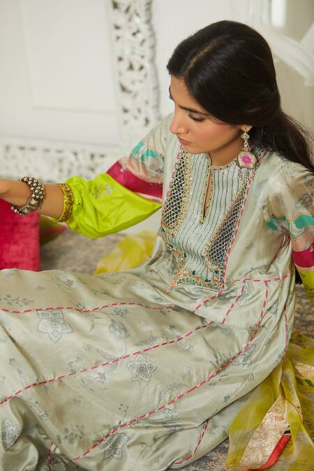 Shop Rajiramniq Grey Silk, Organza Round Printed Anarkali Set Online at Aza Fashions Shop_Rajiramniq_Grey Silk, Organza Round Printed Anarkali Set _Online_at_Aza_Fashions