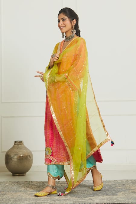 Buy_Rajiramniq_Orange Organza, Modal Satin V Neck Embroidered Kurta Set _Online_at_Aza_Fashions