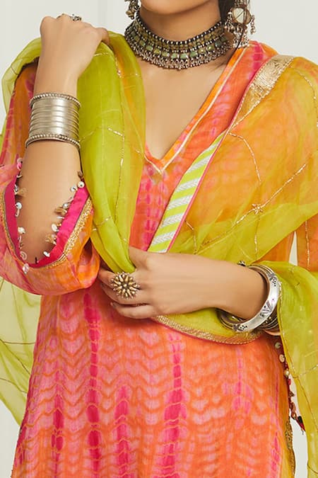 Shop_Rajiramniq_Orange Organza, Modal Satin V Neck Embroidered Kurta Set _Online_at_Aza_Fashions