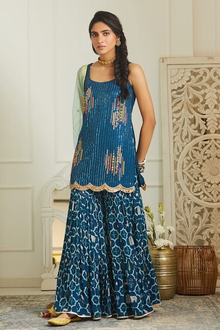 Rajiramniq Blue Silk, Organza, Crepe Scoop Neck Sequin Embroidered Kurta Set 