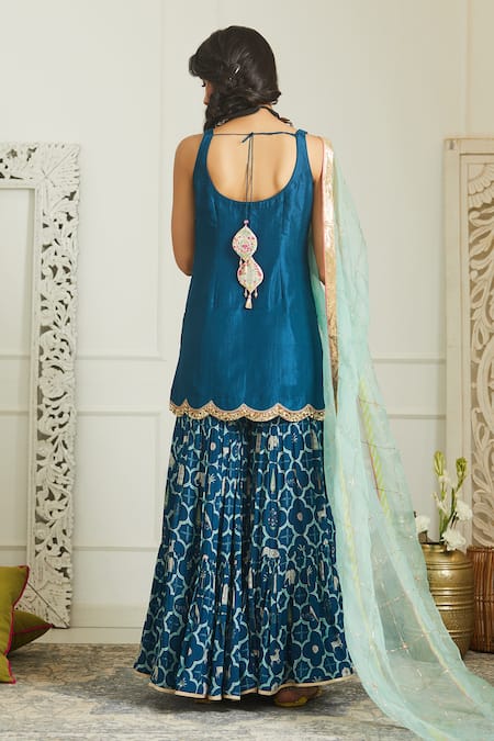 Shop Rajiramniq Blue Silk, Organza, Crepe Scoop Neck Sequin Embroidered Kurta Set at Aza Fashions Shop_Rajiramniq_Blue Silk, Organza, Crepe Scoop Neck Sequin Embroidered Kurta Set _at_Aza_Fashions
