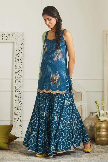 Rajiramniq Blue Silk, Organza, Crepe Scoop Neck Sequin Embroidered Kurta Set Online at Aza Fashions Rajiramniq_Blue Silk, Organza, Crepe Scoop Neck Sequin Embroidered Kurta Set _Online_at_Aza_Fashions