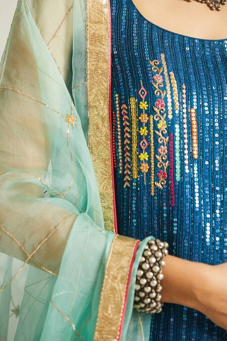 Shop Rajiramniq Blue Silk, Organza, Crepe Scoop Neck Sequin Embroidered Kurta Set Online at Aza Fashions Shop_Rajiramniq_Blue Silk, Organza, Crepe Scoop Neck Sequin Embroidered Kurta Set _Online_at_Aza_Fashions