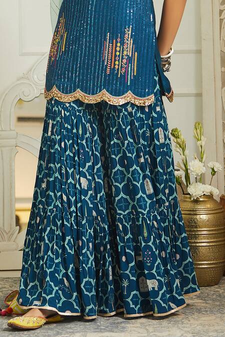 Rajiramniq Blue Silk, Organza, Crepe Scoop Neck Sequin Embroidered Kurta Set at Aza Fashions Rajiramniq_Blue Silk, Organza, Crepe Scoop Neck Sequin Embroidered Kurta Set _at_Aza_Fashions