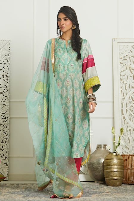 Shop Rajiramniq Blue Silk, Organza Mandarin Collar Printed Kurta Set at Aza Fashions Shop_Rajiramniq_Blue Silk, Organza Mandarin Collar Printed Kurta Set _at_Aza_Fashions