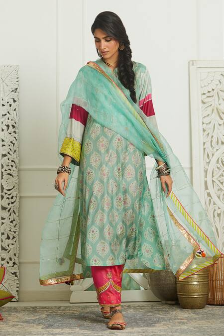 Rajiramniq Blue Silk, Organza Mandarin Collar Printed Kurta Set Online at Aza Fashions Rajiramniq_Blue Silk, Organza Mandarin Collar Printed Kurta Set _Online_at_Aza_Fashions