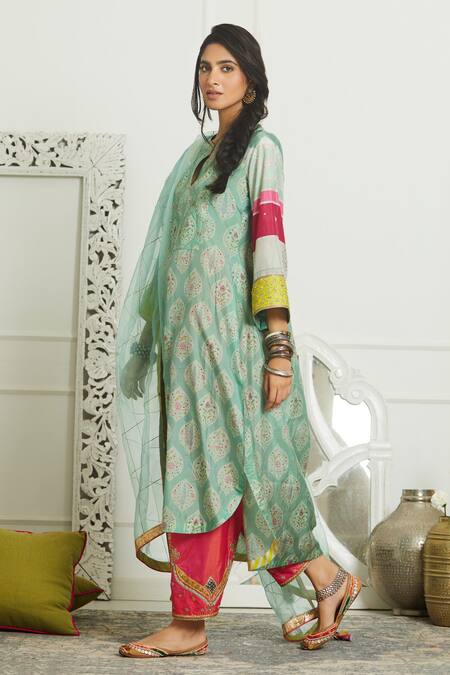 Buy Rajiramniq Blue Silk, Organza Mandarin Collar Printed Kurta Set Online at Aza Fashions Buy_Rajiramniq_Blue Silk, Organza Mandarin Collar Printed Kurta Set _Online_at_Aza_Fashions