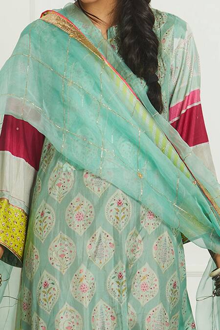 Shop Rajiramniq Blue Silk, Organza Mandarin Collar Printed Kurta Set Online at Aza Fashions Shop_Rajiramniq_Blue Silk, Organza Mandarin Collar Printed Kurta Set _Online_at_Aza_Fashions