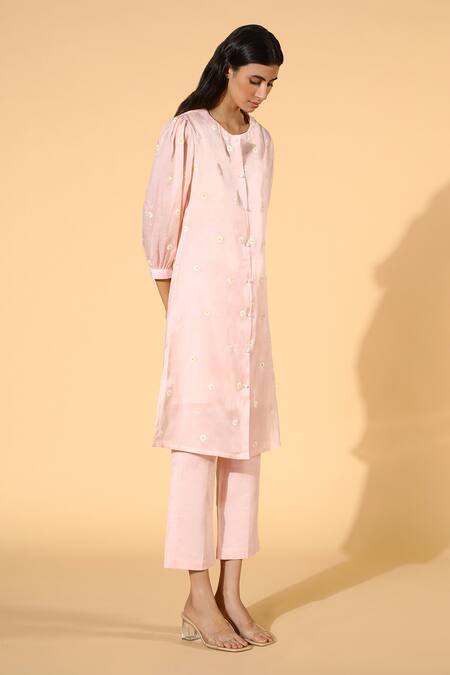 Meadow_Pink Tunic Silk Organza Pants Linen Inner And Set _Online_at_Aza_Fashions