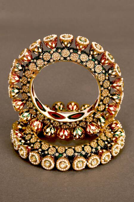 Buy_Samyukta Singhania_Multi Color Pearls, Metallic Thread Meenakari Studded Kada Set Of 2_Online_at_Aza_Fashions