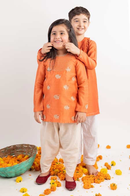 MR Brat_Orange Chanderi Silk, Cotton Embroidery Kurta And Dhoti Pant Set _Online_at_Aza_Fashions