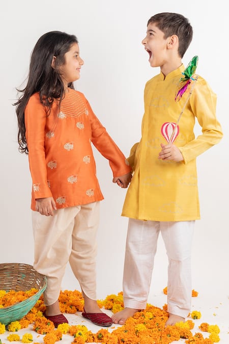 Buy_MR Brat_Orange Chanderi Silk, Cotton Embroidery Kurta And Dhoti Pant Set _Online_at_Aza_Fashions