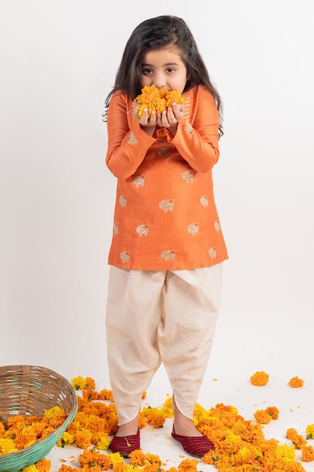 Shop_MR Brat_Orange Chanderi Silk, Cotton Embroidery Kurta And Dhoti Pant Set _Online_at_Aza_Fashions