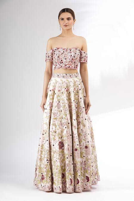 Mani Bhatia_Pink Net, Dupion Silk One Shoulder Embroidered Lehenga Set _Online_at_Aza_Fashions