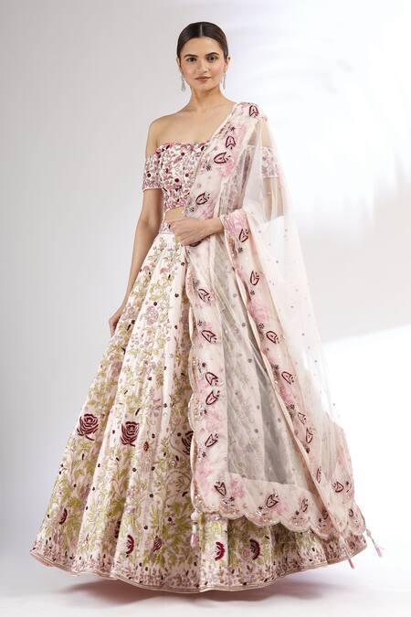 Buy_Mani Bhatia_Pink Net, Dupion Silk One Shoulder Embroidered Lehenga Set _Online_at_Aza_Fashions