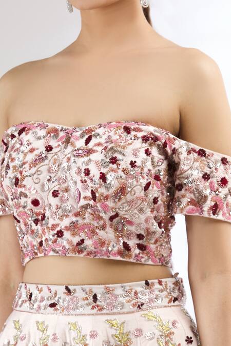 Mani Bhatia_Pink Net, Dupion Silk One Shoulder Embroidered Lehenga Set _at_Aza_Fashions