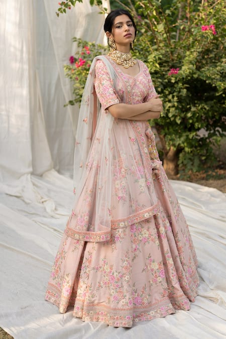 Angad Singh Pink Silk Lining Shantoon Embroidery V Neck Bridal Lehenga Set 