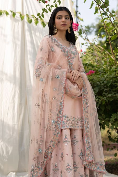 Angad Singh Peach Embroidery V Neck Kurta Sharara Set 