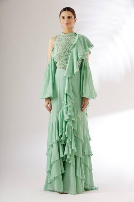 Mani Bhatia_Green Georgette Band Collar Pre-draped Ruffle Saree With Blouse _Online_at_Aza_Fashions