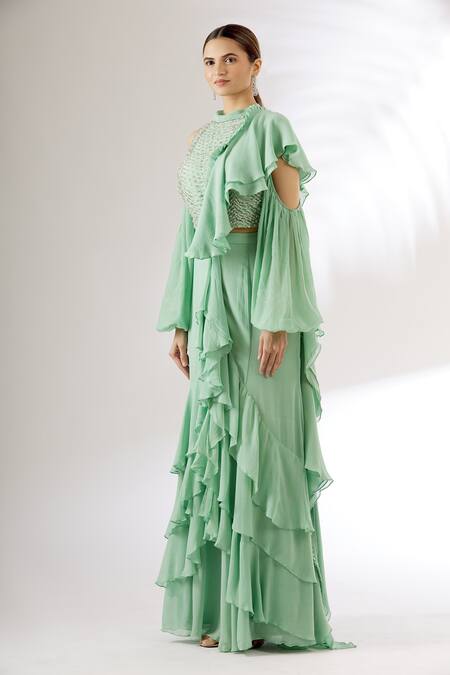 Buy_Mani Bhatia_Green Georgette Band Collar Pre-draped Ruffle Saree With Blouse _Online_at_Aza_Fashions