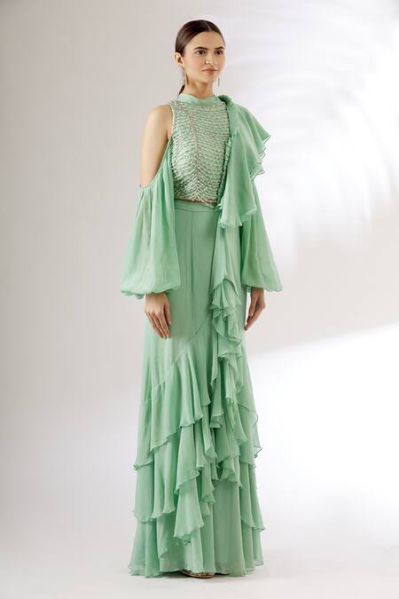 Shop_Mani Bhatia_Green Georgette Band Collar Pre-draped Ruffle Saree With Blouse _Online_at_Aza_Fashions