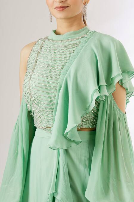 Mani Bhatia_Green Georgette Band Collar Pre-draped Ruffle Saree With Blouse _at_Aza_Fashions