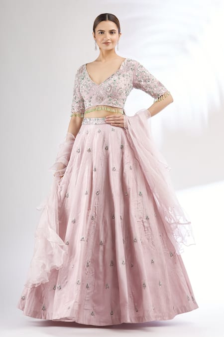 Mani Bhatia Purple Dupion Silk V Neck Embroidered Lehenga Set