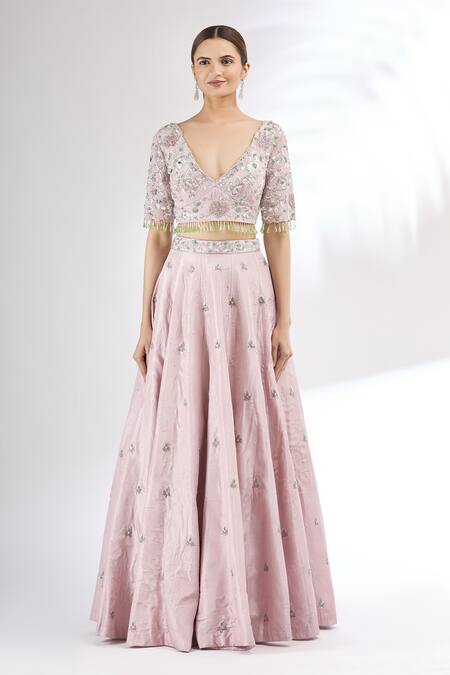 Mani Bhatia_Purple Organza, Dupion Silk V Neck Embroidered Lehenga Set _Online_at_Aza_Fashions