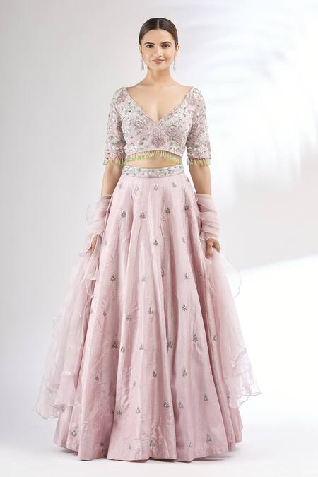 Buy_Mani Bhatia_Purple Organza, Dupion Silk V Neck Embroidered Lehenga Set _Online_at_Aza_Fashions