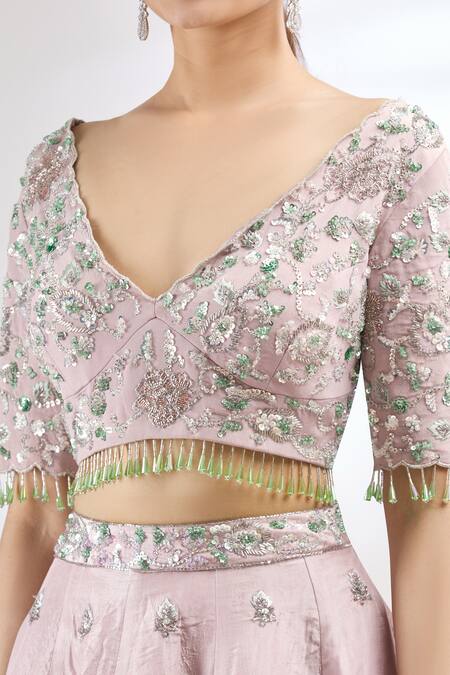 Mani Bhatia_Purple Organza, Dupion Silk V Neck Embroidered Lehenga Set _at_Aza_Fashions