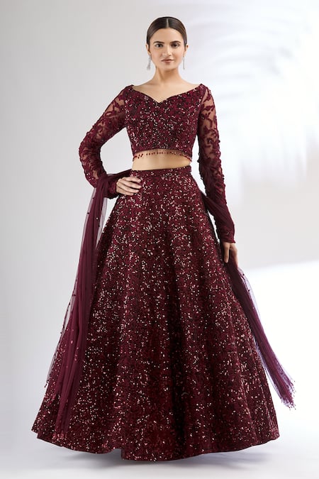 Mani Bhatia Maroon Silk, Net V Neck Embroidered Lehenga Set 