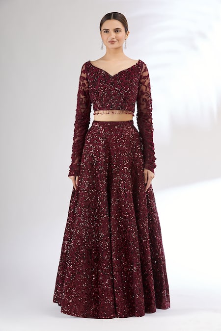 Mani Bhatia_Maroon Silk, Net V Neck Embroidered Lehenga Set _Online_at_Aza_Fashions