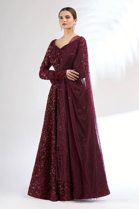 Buy_Mani Bhatia_Maroon Silk, Net V Neck Embroidered Lehenga Set _Online_at_Aza_Fashions