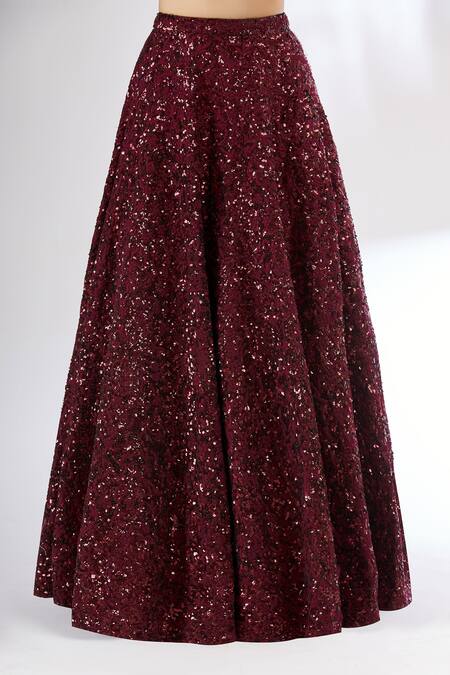 Shop_Mani Bhatia_Maroon Silk, Net V Neck Embroidered Lehenga Set _Online_at_Aza_Fashions