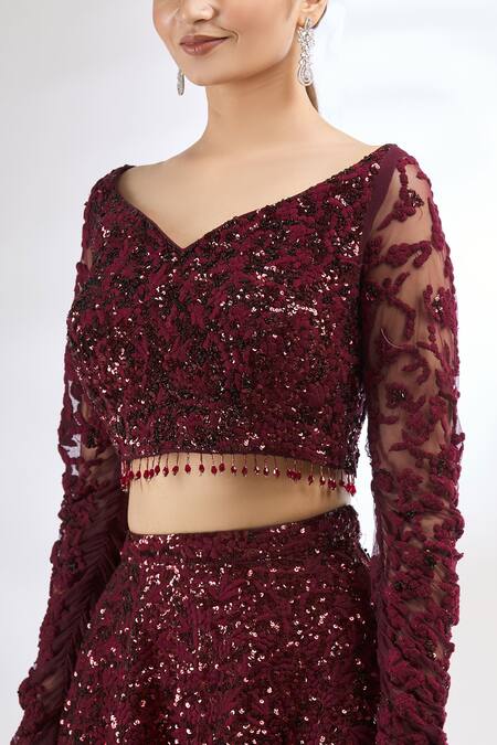 Mani Bhatia_Maroon Silk, Net V Neck Embroidered Lehenga Set _at_Aza_Fashions