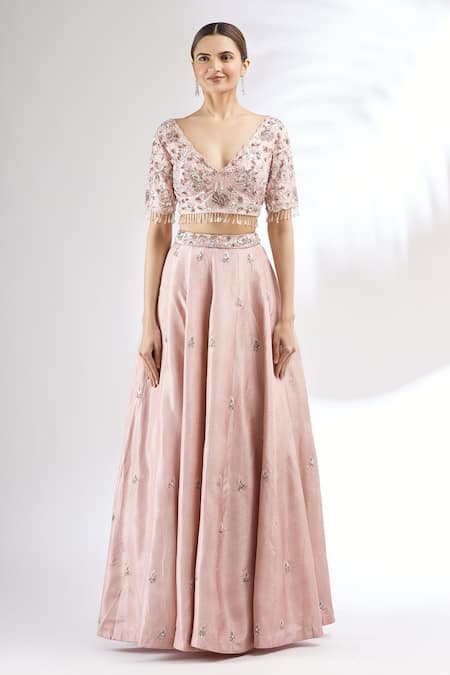 Mani Bhatia_Pink Organza, Dupion Silk V Neck Embroidered Lehenga Set _Online_at_Aza_Fashions