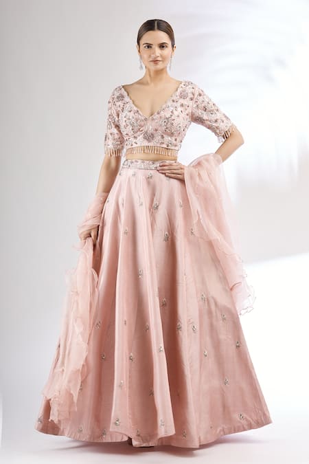 Buy_Mani Bhatia_Pink Organza, Dupion Silk V Neck Embroidered Lehenga Set _Online_at_Aza_Fashions