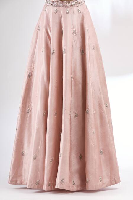 Shop_Mani Bhatia_Pink Organza, Dupion Silk V Neck Embroidered Lehenga Set _Online_at_Aza_Fashions
