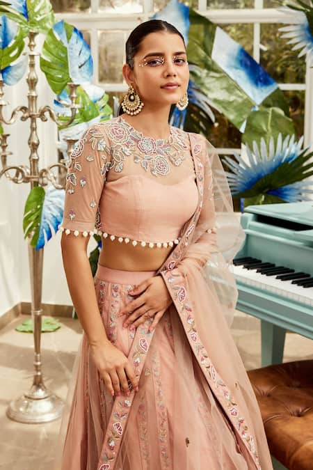 Buy Pink Tussar Silk Embroidery Sequin Waistband Lehenga Blouse Set For  Women by KRINA PATEL Online at Aza Fashions.
