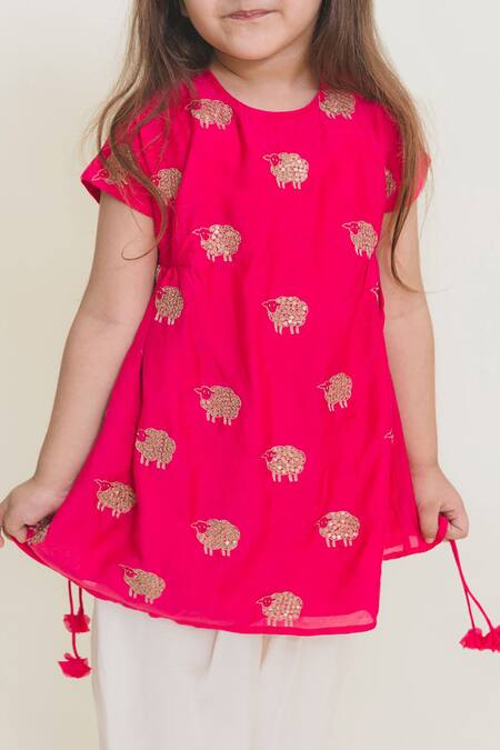 Buy_MR Brat_Pink Muslin Tassels Embroidered Kurta And Dhoti Pant Set _Online_at_Aza_Fashions