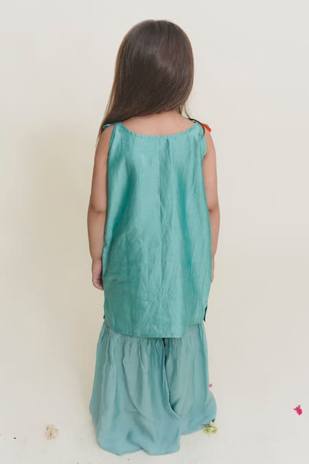 Shop MR Brat Blue Chanderi, Muslin Embroidery Kurta And Sharara Set at Aza Fashions Shop_MR Brat_Blue Chanderi, Muslin Embroidery Kurta And Sharara Set _at_Aza_Fashions