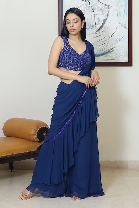 Devika Seth Blue Georgette Embroidery V Neck Pre-draped Ruffle Saree 